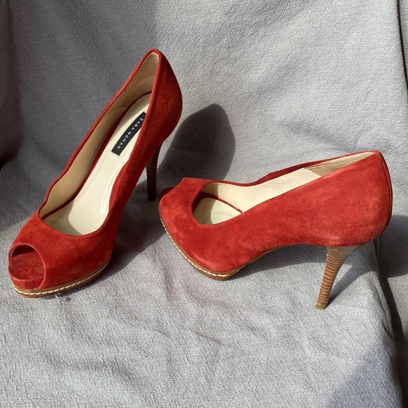 Zara Woman Suede Peep Toe Platform Heels Color Pumpkin Size 37 - Picture 2 of 9